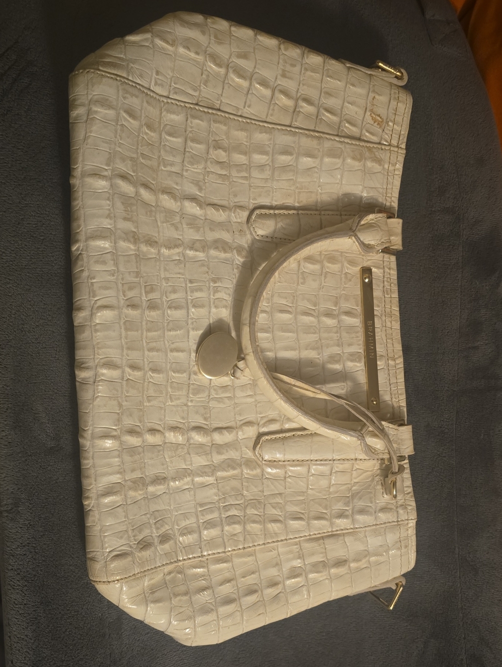 Brahmin White Croc-Embossed Tote with Gold Accents